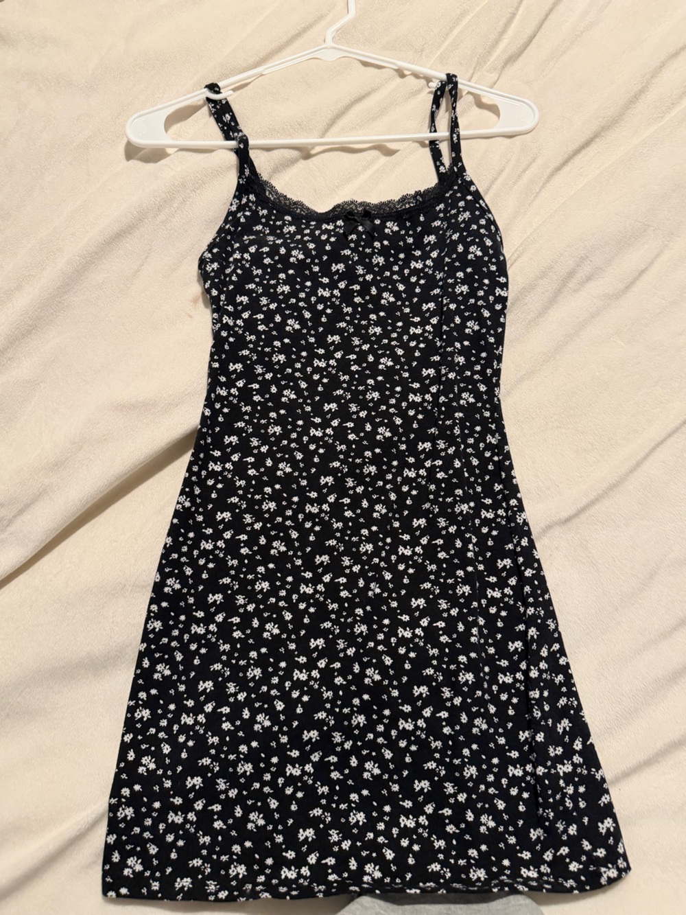 Black Floral Mini Dress with White Ditsy Print